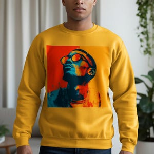 Vibrant Graphic Sweatshirt, Cool Yellow Crewneck Pullover, Artistic Design Sweater, Bold Fashion Statement Top