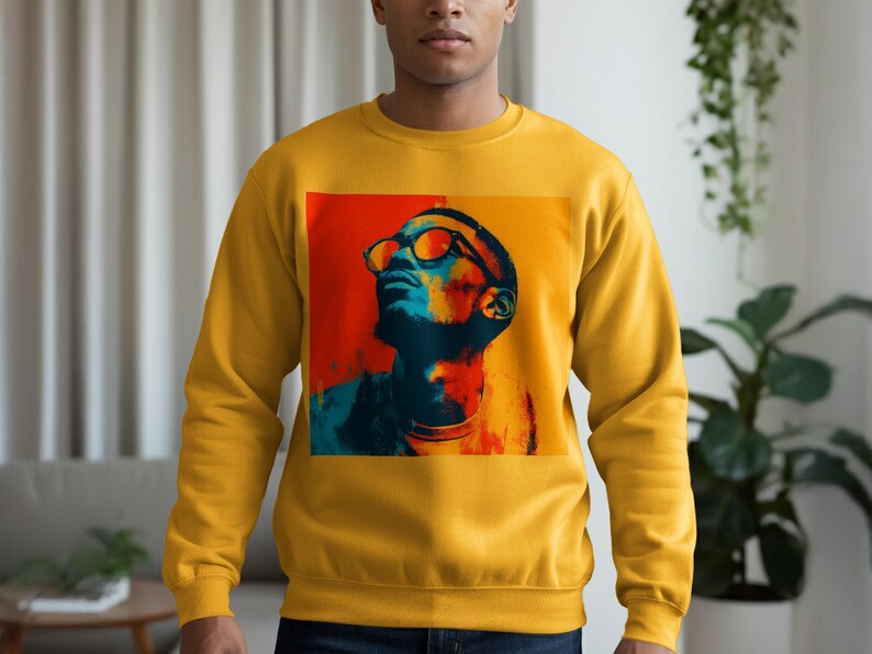Vibrant Graphic Sweatshirt, Cool Yellow Crewneck Pullover, Artistic Design Sweater, Bold Fashion Statement Top
