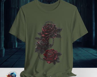 ダークチェーンの赤いバラTシャツ｜ゴシックローズトリオTシャツ