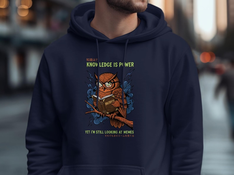 Owl wearing glasses reads a book with text about memes.