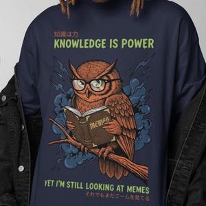 Owl wearing glasses reads a book titled "MEMES" with text "KNOWLEDGE IS POWER".