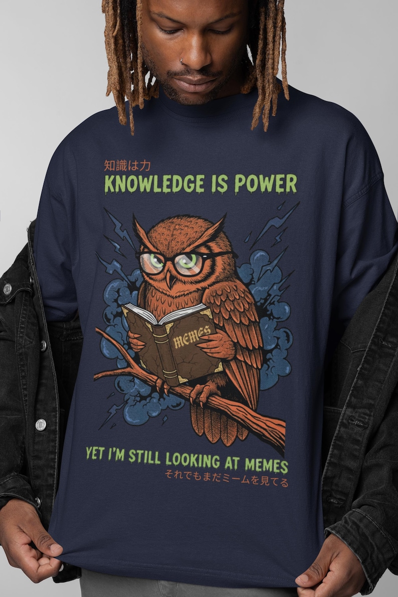 Owl wearing glasses reads a book titled "MEMES" with text "KNOWLEDGE IS POWER".