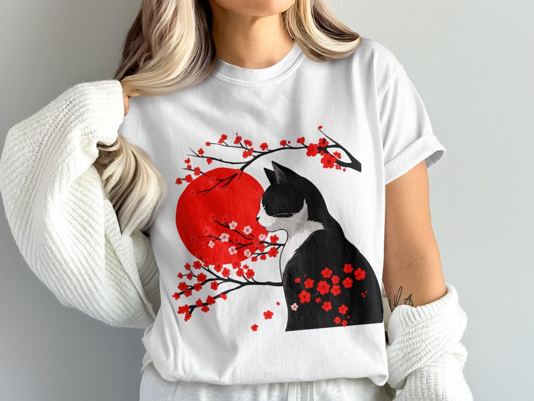 Cherry Blossom, Floral Shirt, Black Cat T Shirt, Kitten Tee, Animal T ...