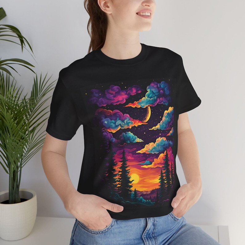 Psychedelic Forest Sky Tee | Trippy Sunset, Colorful Dreamscape (Bella Canva) image 6
