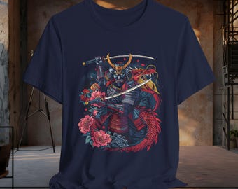 Samurai Dragon Warrior T-Shirt | Japanese Mythology Bushido Tee | Katana Battle Graphic Shirt | Ancient Japan Art | Fantasy Samurai T-Shirt
