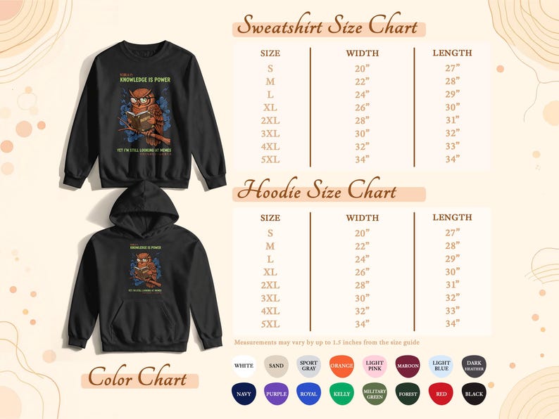 Sweatshirt and hoodie size charts with Japanese text and color options.