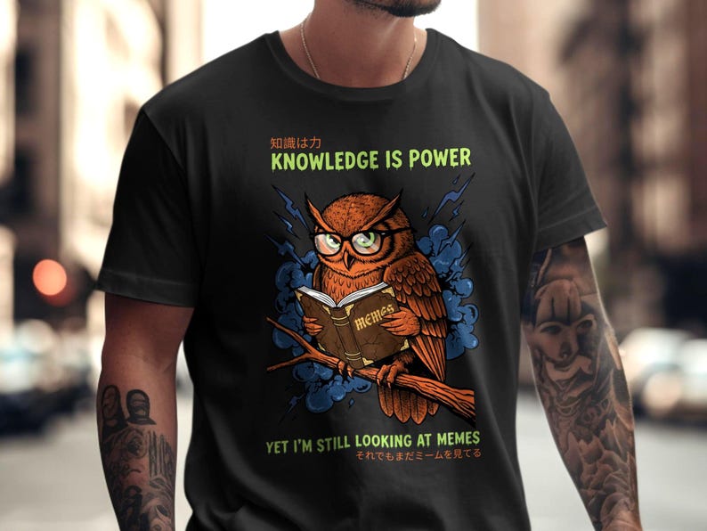 Owl wearing glasses reading a book titled "MEMES" with text "Knowledge is Power".