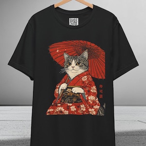 Geisha Cat kimonoshirt, Japans esthetisch T-shirt, Edo-Period Art, Samurai Cat T-shirt, schattige anime kattenkleding, cadeau voor katten- en Japanliefhebbers