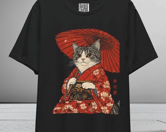 Geisha Cat Kimono Shirt, Japanese Aesthetic Tee, Edo-Period Art, Samurai Cat T-Shirt, Cute Anime Cat Apparel, Gift for Cat & Japan Lovers