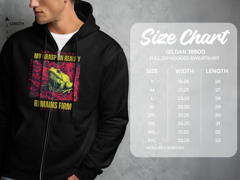 Full Zip Hoodie with Frog Print, Men's Black Graphic Zipper Sweatshirt, Casual Comfortable Outdoor Wear, Unique Design