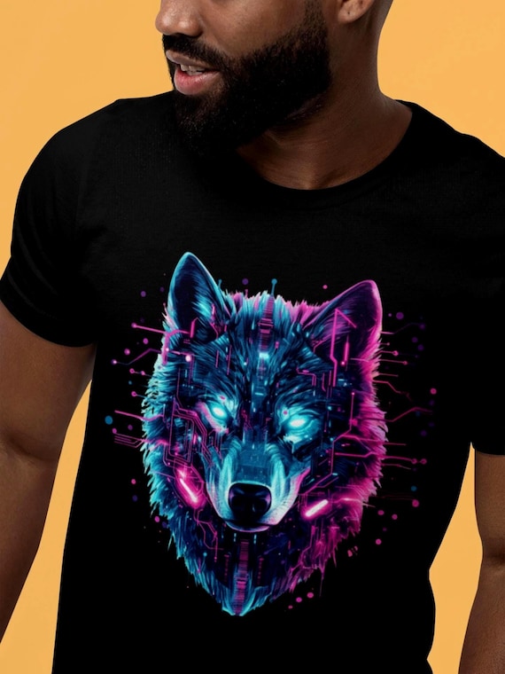 サイバーウルフTシャツ｜未来的なテックウェアウルフTシャツ｜グリッチ