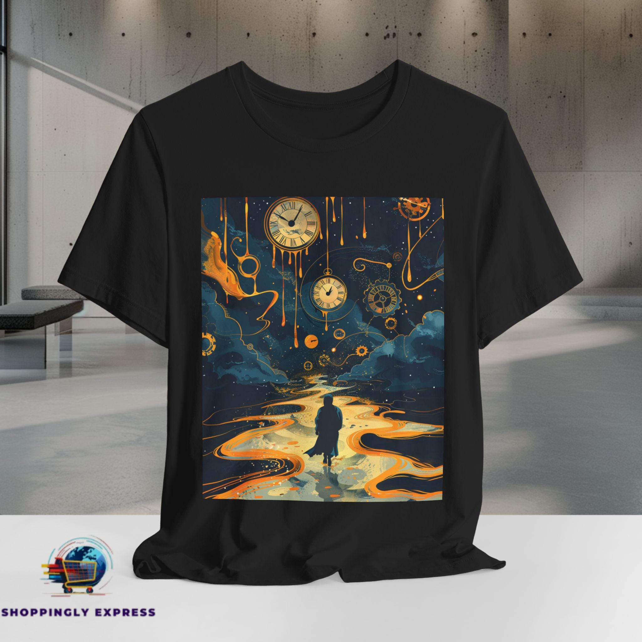 Surreal Time Traveler T-shirt | Melting Clocks and Cosmic Road