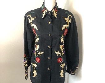 Vintage Adam Douglass de Adrianna Papell Bordado Floral Botón Down Blusa