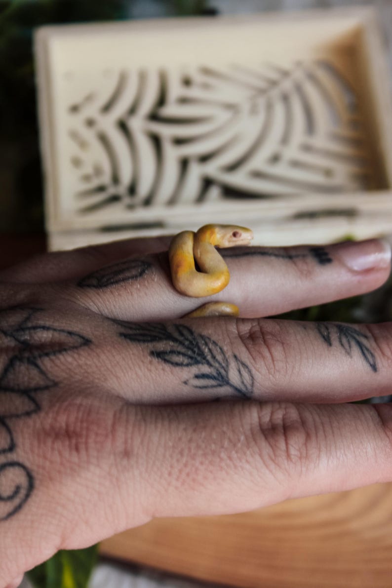May include: A ring shaped like a coiled snake with a smooth, pale yellow and orange gradient finish. The snake's body wraps around the finger, featuring a small head with visible eye detail, crafted from a solid, matte-textured material.