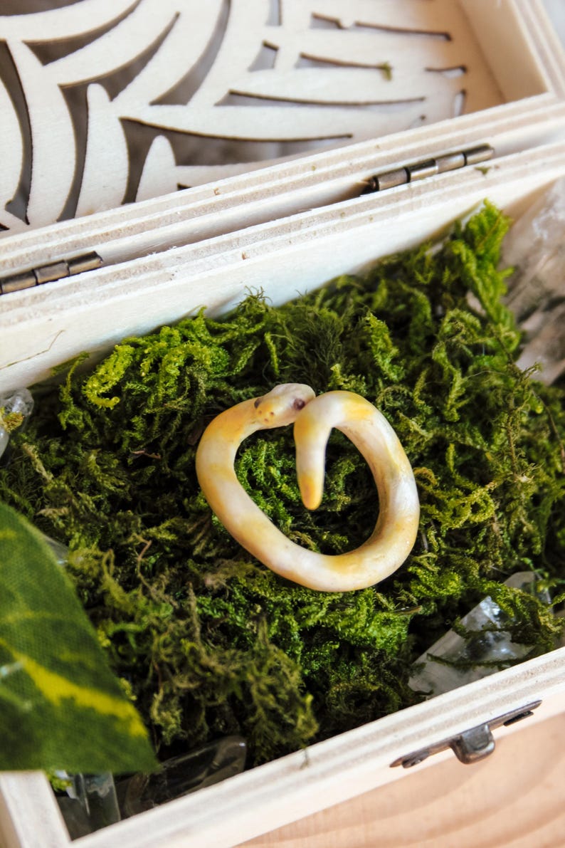 May include: A small, coiled snake figurine with a smooth, pale yellow and white body, resting on a bed of vibrant green moss inside a light-colored wooden box with a decorative cutout lid and visible clear crystal accents.