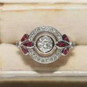 Bague de fiançailles ancienne en diamant et rubis créé en laboratoire de style Art déco, bague de mariage, bague de fiançailles d'anniversaire de mariage, bague de proposition pour elle