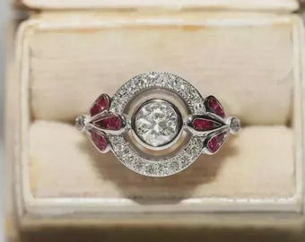 Bague de fiançailles/mariage antique en argent sterling 925, ornée d'une moissanite et d'un rubis taille ronde, de style Art déco.