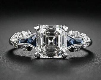 Art Deco Vintage Style 2.4Ct Asscher Cut Lab Created Diamond & Sapphire Engagement, Wedding Women, Proposal 14k White Gold Finish Ring