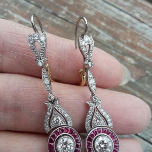 Vintage Art déco Lab créé diamant et rubis rouge fiançailles anniversaire goutte pendante or blanc 14 carats cadeau boucle d'oreille pour elle, boucles d'oreilles de mariage