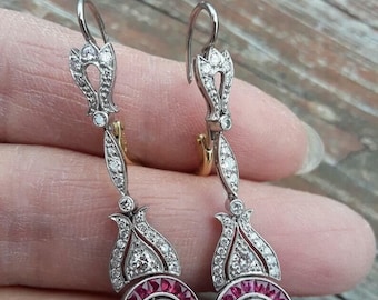 Pendientes colgantes Art Déco vintage con diamantes y rubíes rojos creados en laboratorio, para compromiso o aniversario, en oro blanco de 14 k, para ella o para boda.