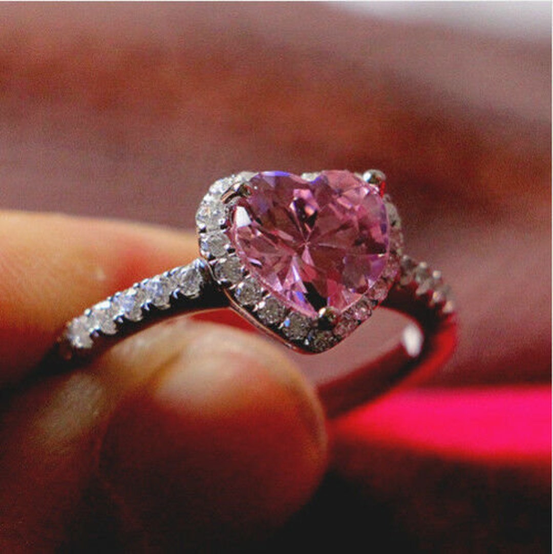 Peach Pink Heart Shaped Engagement Sapphire Ring, 14K Rose Gold Plated ...
