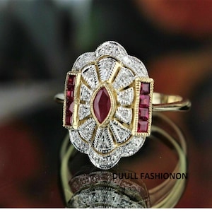Vintage Art Deco Old European Style 2.45 Ct Red Ruby Engagement Ring, Estate Jewelry For Women, Bridal Wedding Ring 14K Yellow Gold Plated