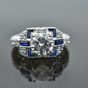 Vintage Art Deco 2.80Ct Round Cut Diamond & Blue sapphire Wedding Engagement 14K White Gold Finish Ring, Anniversary valentine&#39;s day Ring