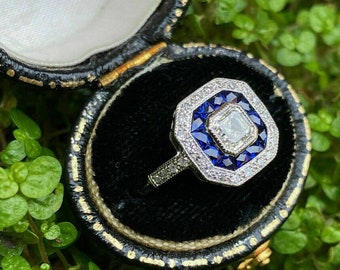 2,75 Ct Asscher Cut Diamant & Blauer Saphir Art-Deco-Vintage Hochzeitstag Ring, 14K Weißgold Finish Ring, Geschenk für sie