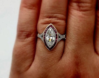 Ruby Engagement Ring, 2.25 Ct Marquise Cut Lab Diamond Wedding Ring, Vintage Ring, Mothers Day Gifts, Art Deco Jewelry, 10K Rose Gold Ring