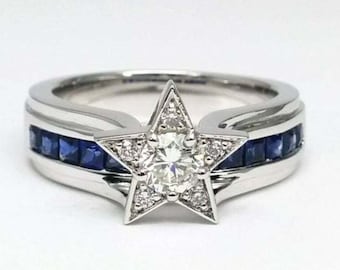 Dallas Cowboys Ring* National Football Championship Ring* Cowboys Lovers Super Ring* Smart Cowboys Ring* 1.20 Ct Round White & Sapphire Ring