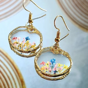 Handmade pressed flowers Resin Gold Dangle drop earrings, Flower earrings, real flower, resin earring, cute earrings, unique gift for her image 1