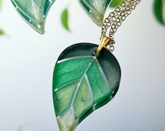 Leaf Green Resin Necklace and Dangle Drop earrings, gold plated, unique jewellery, valentine's day gift, gift for her, unique gift, boho