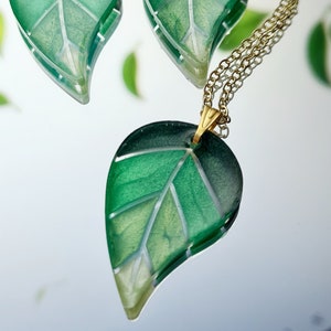 Leaf Green Resin Necklace and Dangle Drop earrings, gold plated, unique jewellery, valentine's day gift, gift for her, unique gift, boho image 1