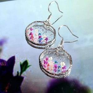 Handmade pressed flowers Resin Silver Dangle drop earrings, Flower earrings, real flower, resin earring, cute earrings,  unique gift for her