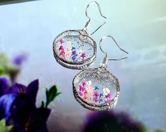 Handmade Pressed Flower Resin Earrings: Sterling Silver Dangle