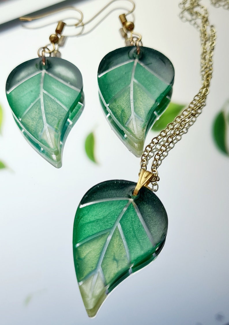 Leaf Green Resin Necklace and Dangle Drop earrings, gold plated, unique jewellery, valentine's day gift, gift for her, unique gift, boho image 1