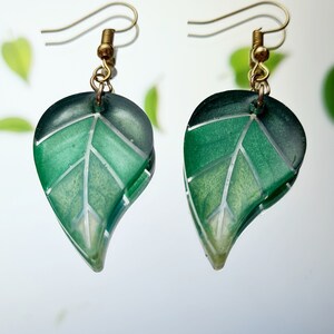 Leaf Green Resin Necklace and Dangle Drop earrings, gold plated, unique jewellery, valentine's day gift, gift for her, unique gift, boho image 2