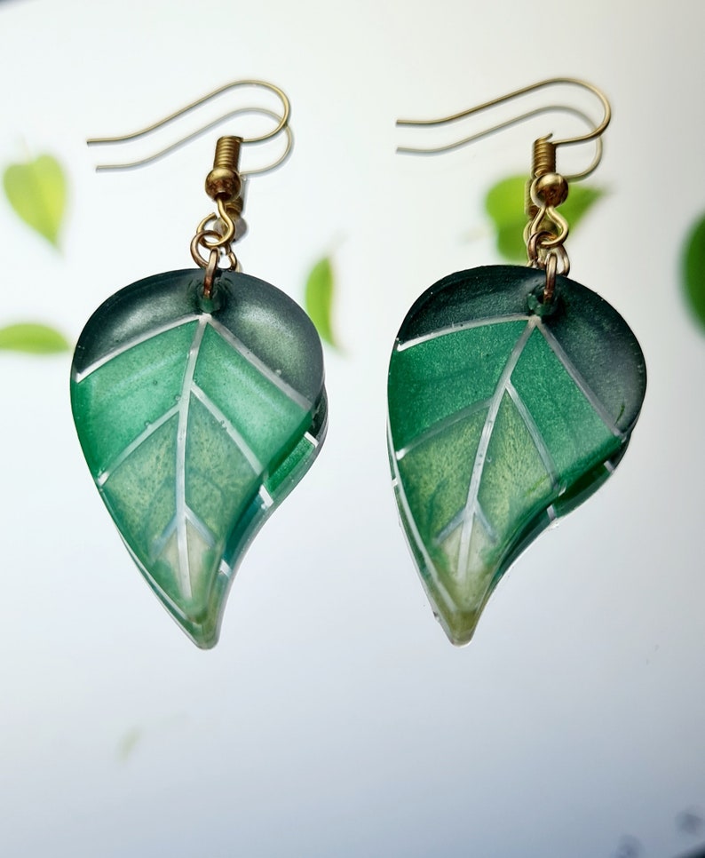 Leaf Green Resin Necklace and Dangle Drop earrings, gold plated, unique jewellery, valentine's day gift, gift for her, unique gift, boho image 2