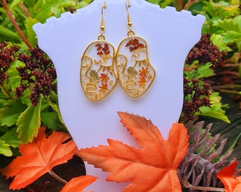 Autumn resin abstract face earrings, with real dry flowers and leaves