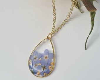 Handmade Resin Necklace: Real Forget-Me-Not Flowers, Gold Chain
