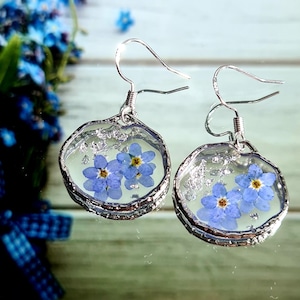 Handmade Forget-Me-Not Resin Earrings: Sterling Silver, Pressed Flowers