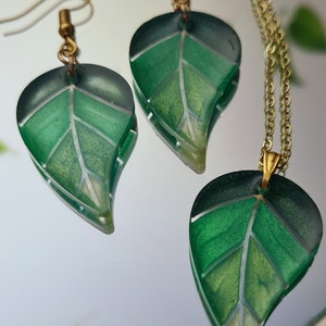 Leaf Green Resin Necklace and Dangle Drop earrings, gold plated, unique jewellery, valentine's day gift, gift for her, unique gift, boho image 4