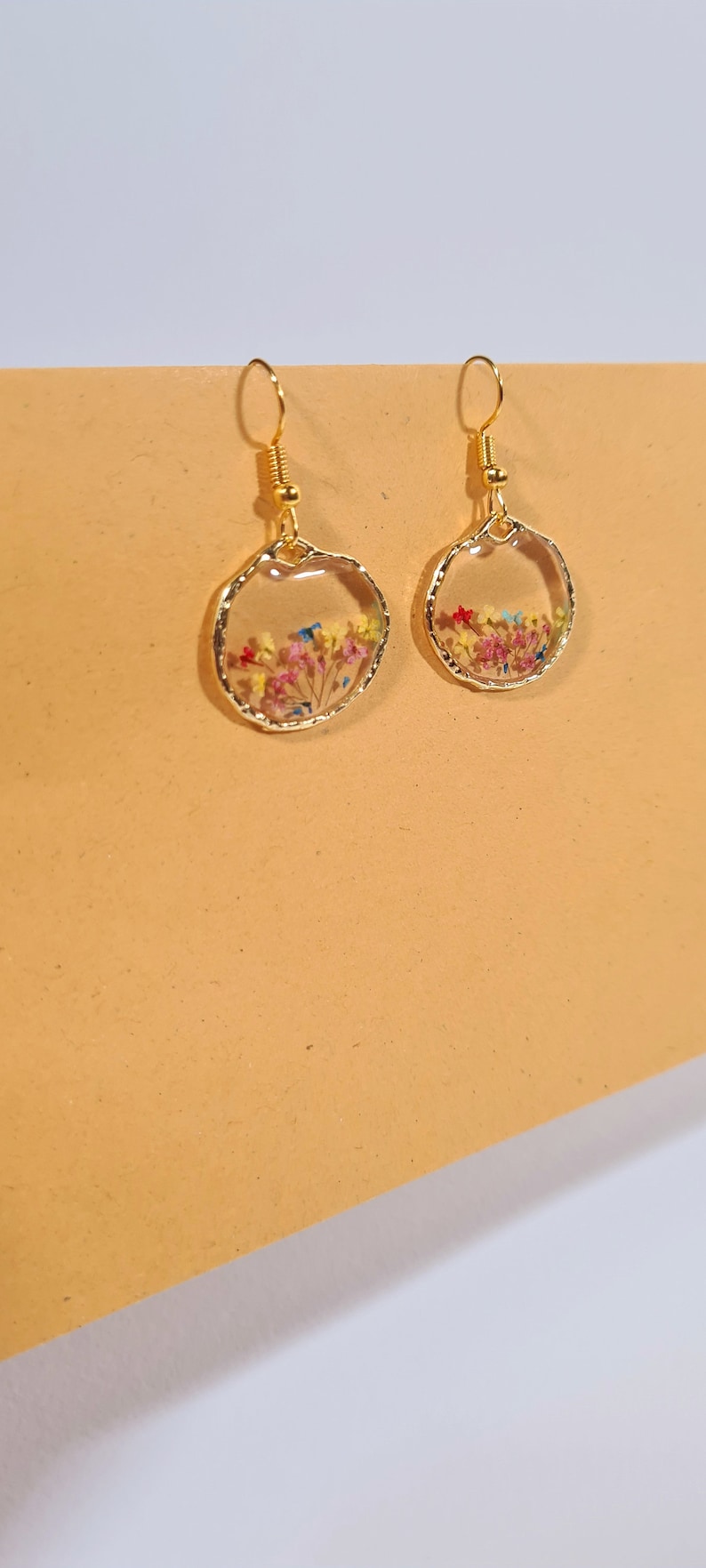 Handmade pressed flowers Resin Gold Dangle drop earrings, Flower earrings, real flower, resin earring, cute earrings, unique gift for her image 5
