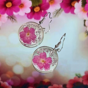 Handmade pink pressed flowers Resin Dangle drop earrings, Flower earrings, real flower, resin earring, cute earrings, unique gift for her