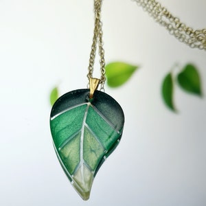 Leaf Green Resin Necklace and Dangle Drop earrings, gold plated, unique jewellery, valentine's day gift, gift for her, unique gift, boho image 3