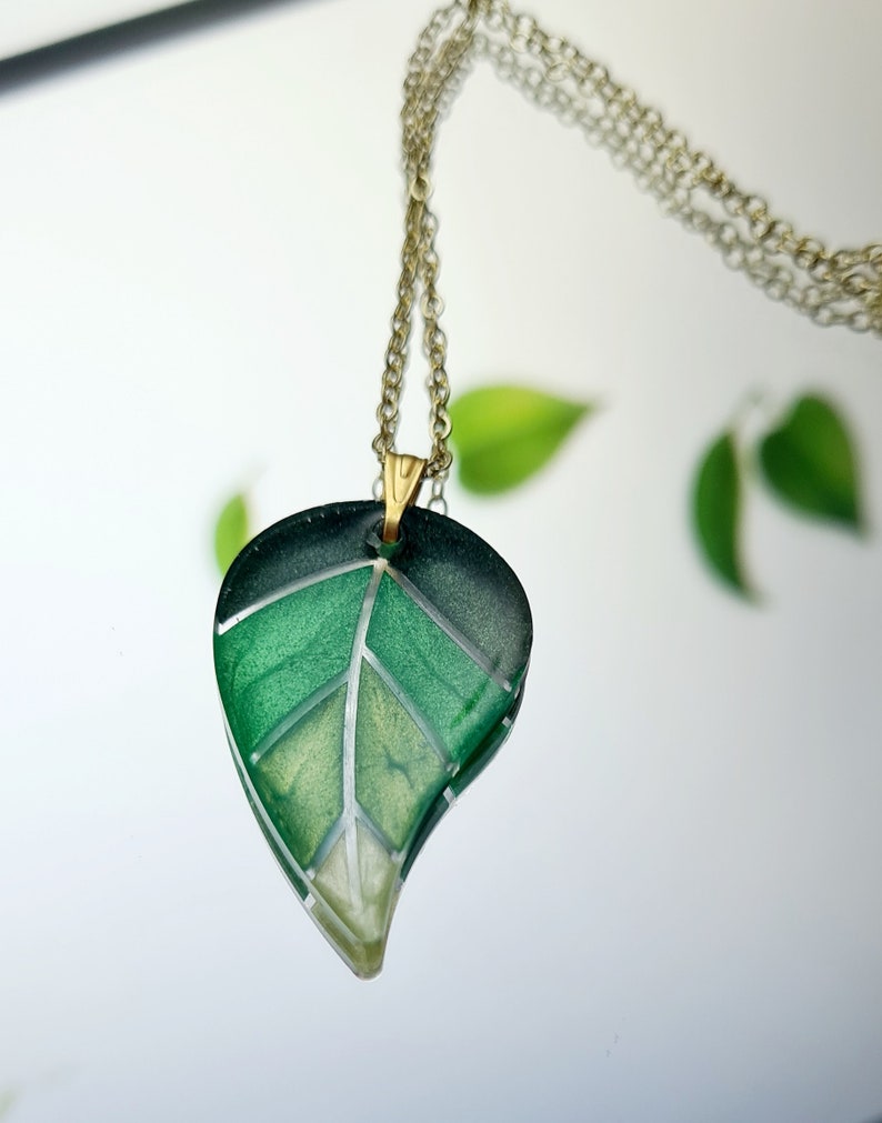 Leaf Green Resin Necklace and Dangle Drop earrings, gold plated, unique jewellery, valentine's day gift, gift for her, unique gift, boho image 3