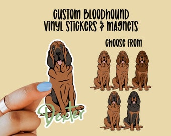 Könnte beinhalten: Individuelle Bloodhound-Vinyl-Aufkleber und Magnete. Wählen Sie aus einer Vielzahl von Bloodhound-Illustrationen, darunter ein brauner Bloodhound mit dem Namen Dexter.