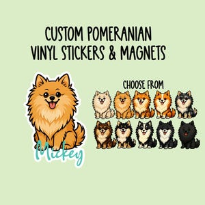 May include: Custom Pomeranian vinyl stickers and magnets. The image shows a variety of Pomeranian dog illustrations in different colors. The text says "Choose From" and "Mickey". The background is a light green color.