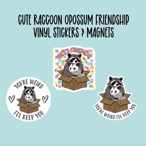 May include: Three vinyl stickers featuring a raccoon and opossum in a box. The stickers say "Best Friends", "You're Weird I'll Keep You", and "You're Weird I'll Keep You".