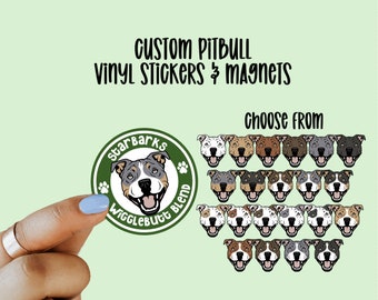 May include: Custom pitbull vinyl stickers and magnets. Choose from a variety of colours and designs. The sticker features a cartoon pitbull with the text "Starbarks Wigglebutt Blend".